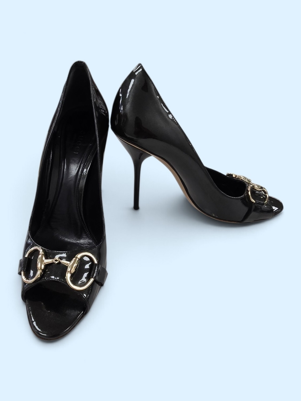 Gucci Horsebit Black Patent Peep-Toe Stiletto Heels